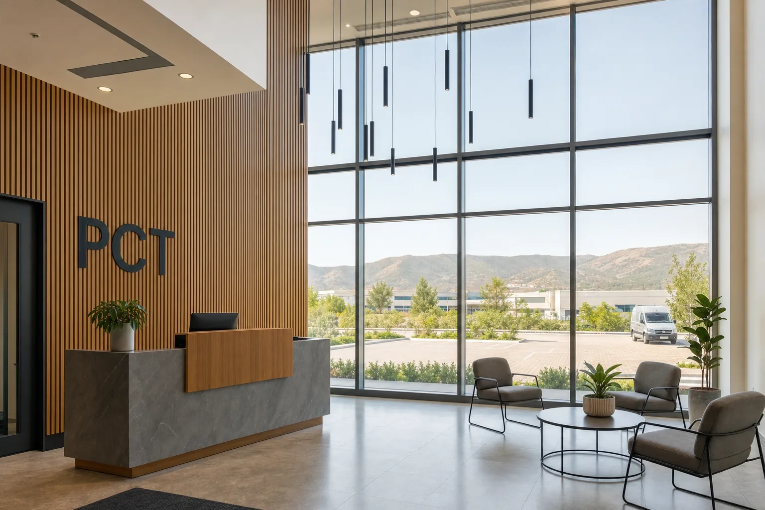 An office lobby with a tall filmed glass wall and no glare on the floor