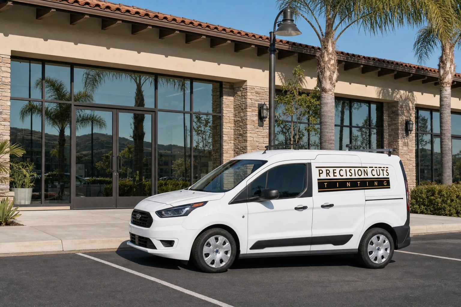 A storefront with freshly filmed plate glass, the Precision Cuts Tinting van parked outside