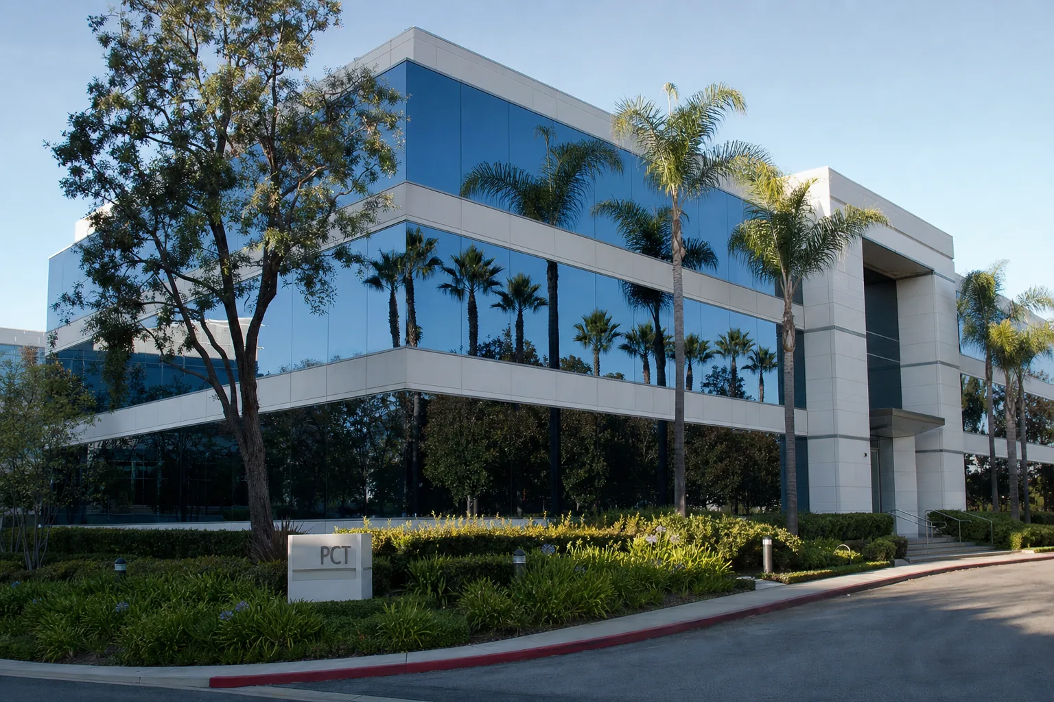 A glass office building in an Orange County business park with fresh window film