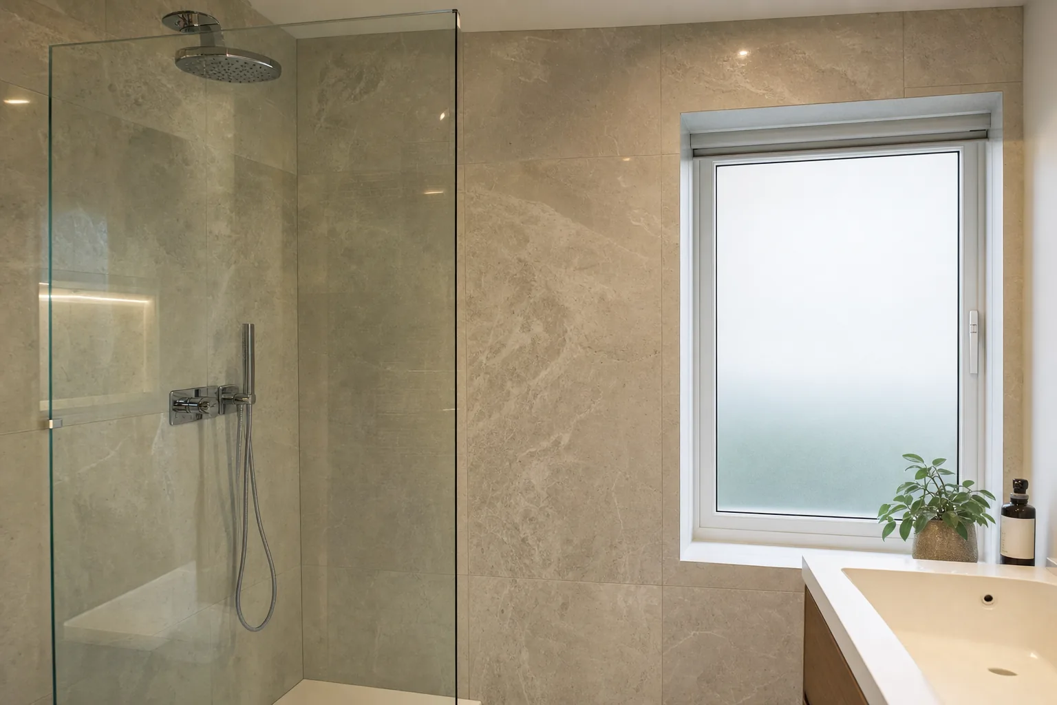 A bathroom window fitted with frosted privacy film