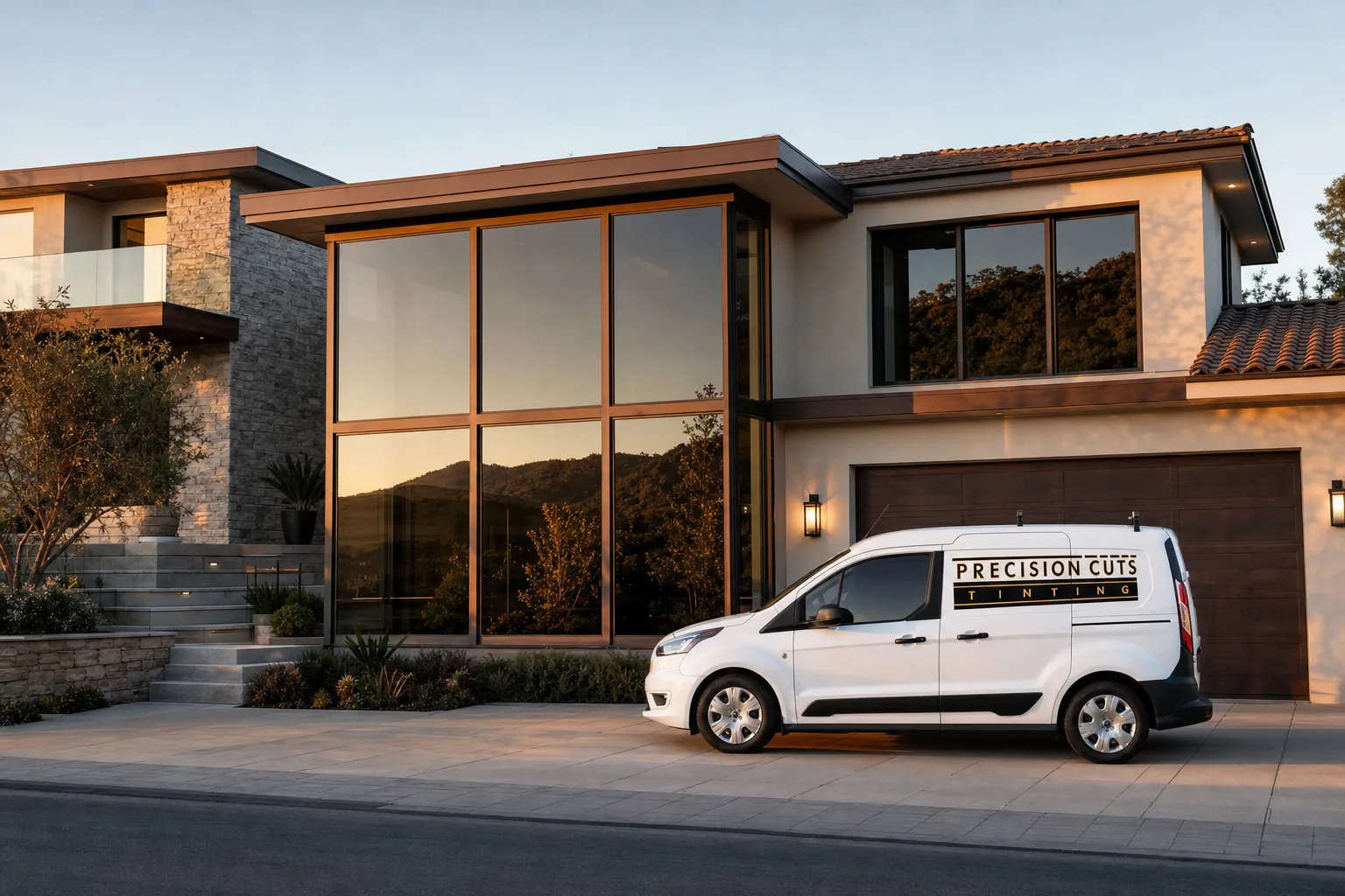 A modern hillside home with filmed glass walls, the Precision Cuts Tinting van on the drive