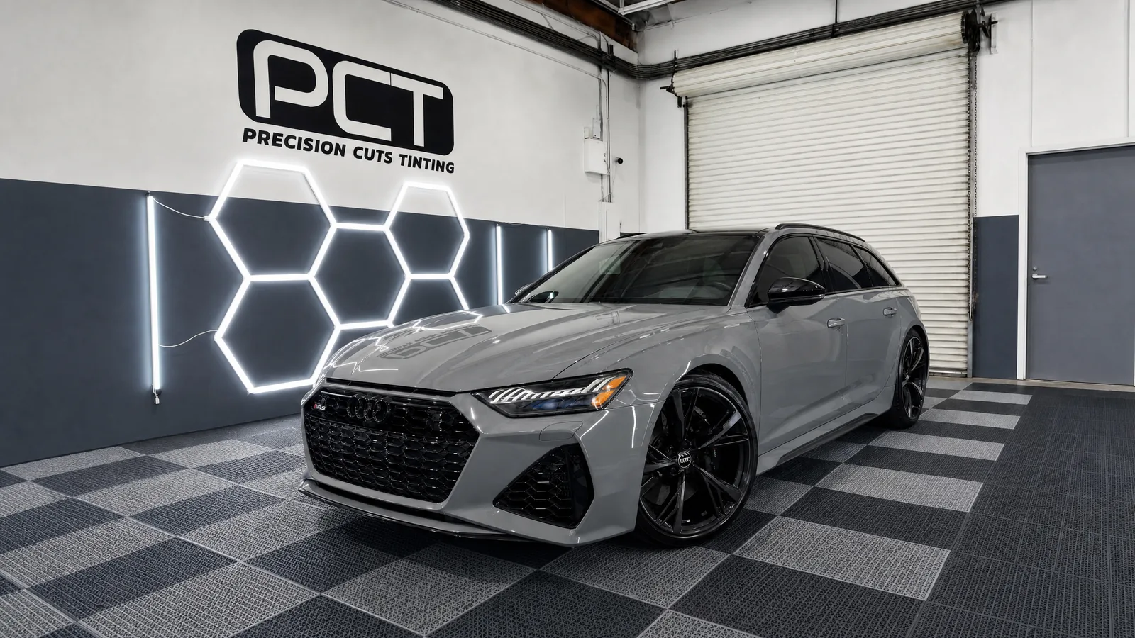 A Nardo Grey Audi RS6 Avant with full-front paint protection film in our studio