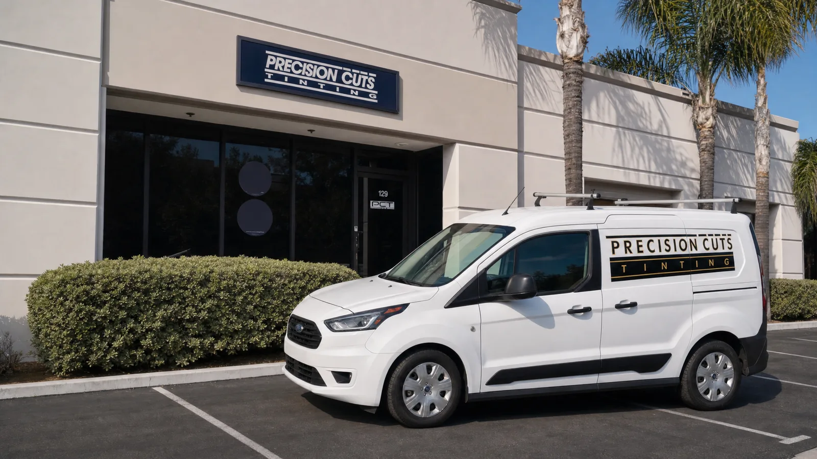 The Precision Cuts Tinting storefront in Yorba Linda, Suite 129, with the van parked outside