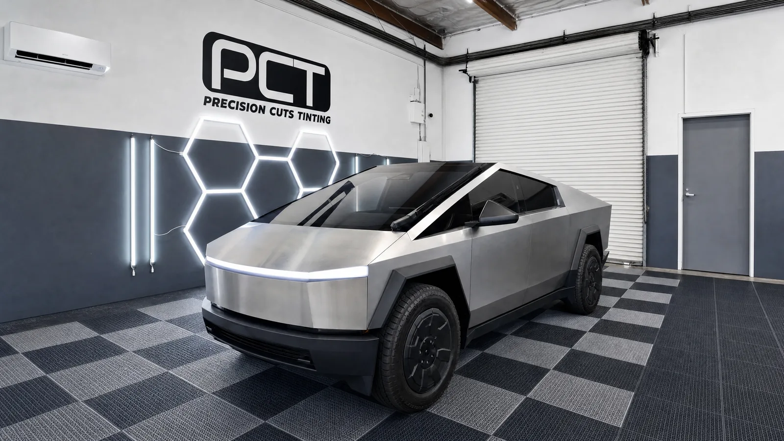 A Tesla Cybertruck with fresh window tint in our studio