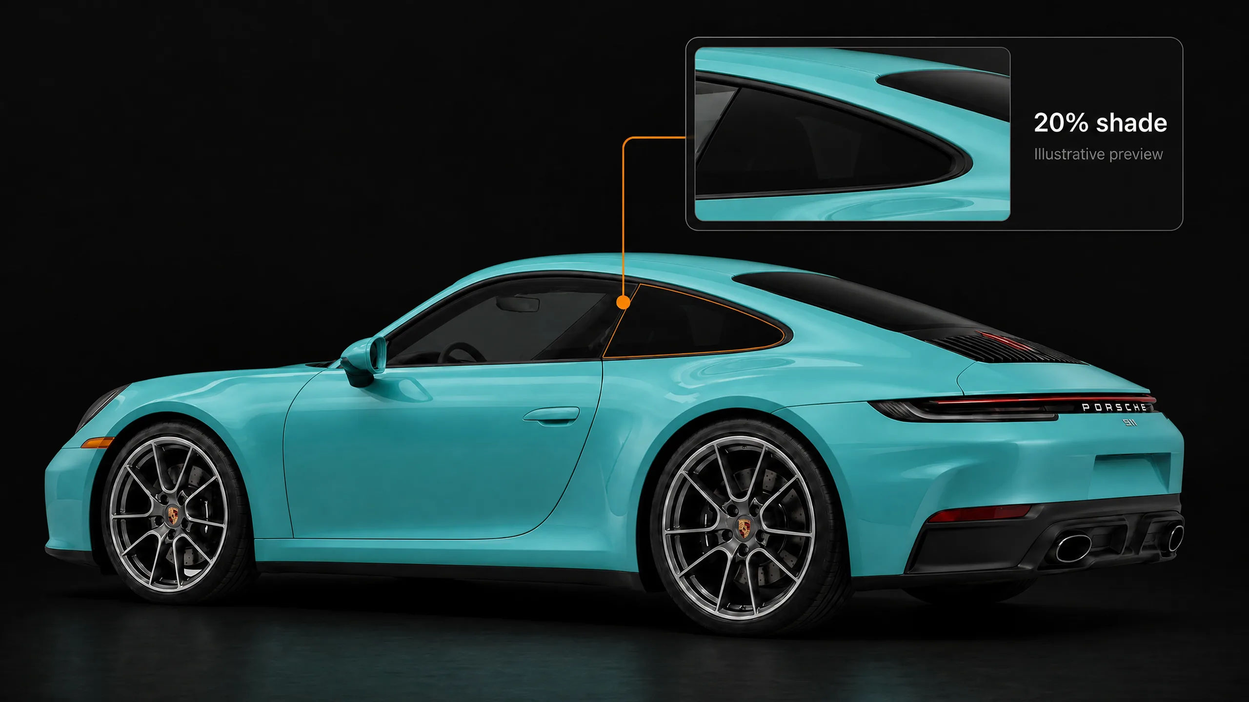 A teal Porsche 911 with its rear side window outlined and an enlarged 20% shade preview