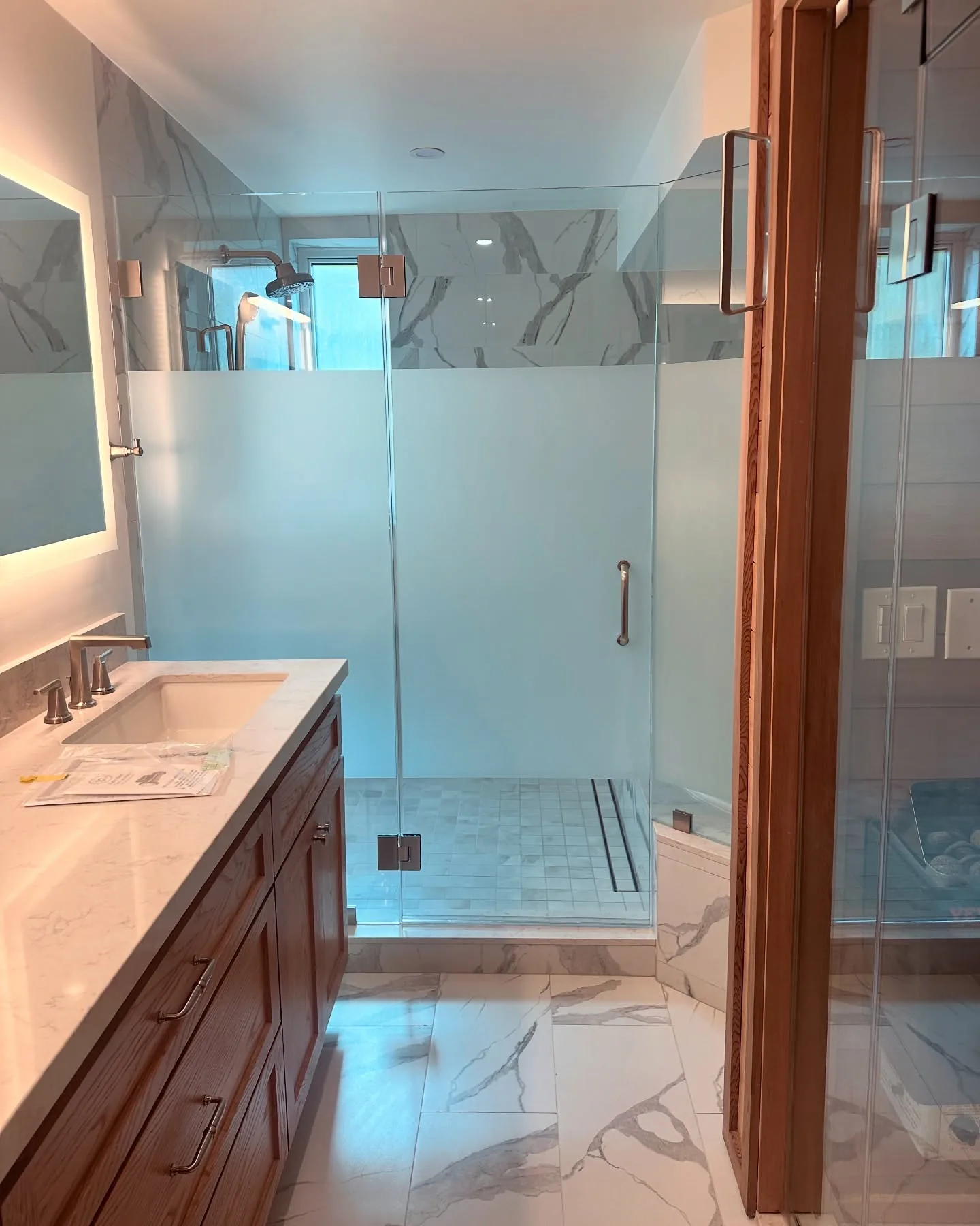 Frosted privacy film we fitted on a bathroom’s glass